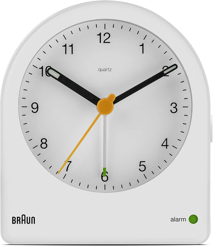Braun Classic Analogue Alarm Clock with Snooze and Continuous Backlight, Quiet Quartz Movement, Crescendo Beep Alarm in White, Model BC22W. - PuriLite