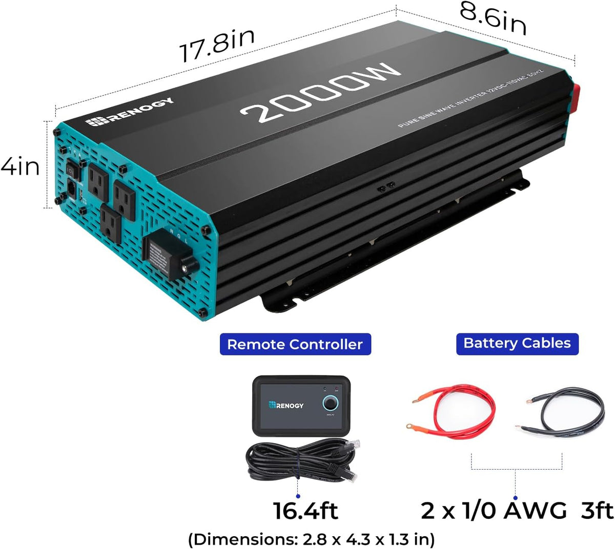 Renogy Pure Sine Wave Inverter 1000w Power Inverter DC 12v to AC 110v, Solar Inverter 12v to 110v Converter with 5V/2.1A USB Port, 2 AC Ports, Remote Controller - PuriLite