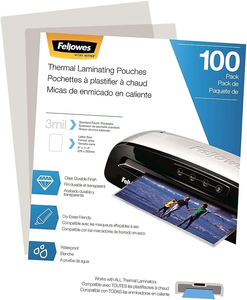 Fellowes Thermal Laminating Pouches, Letter Size Sheets 9 x 11.5-Inches, 3 mil, 200 Pack (5743401), Clear - PuriLite