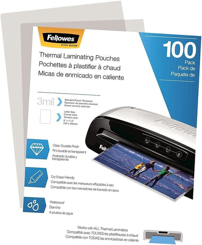 Fellowes Thermal Laminating Pouches, Letter Size Sheets 9 x 11.5-Inches, 3 mil, 200 Pack (5743401), Clear - PuriLite