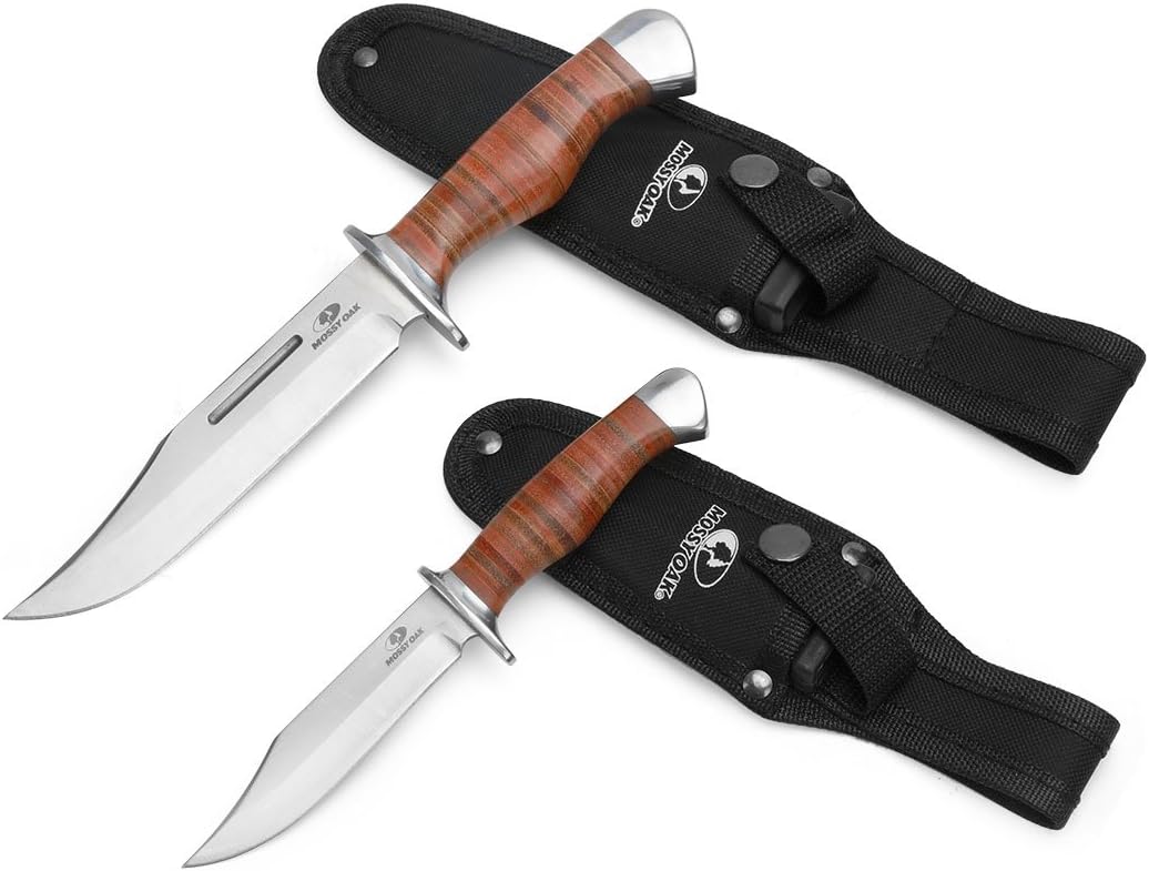 Mossy Oak 2-Piece Bowie Knife, Fixed Blade Hunting Buck Knife Set Leather Handle with Sheath - PuriLite