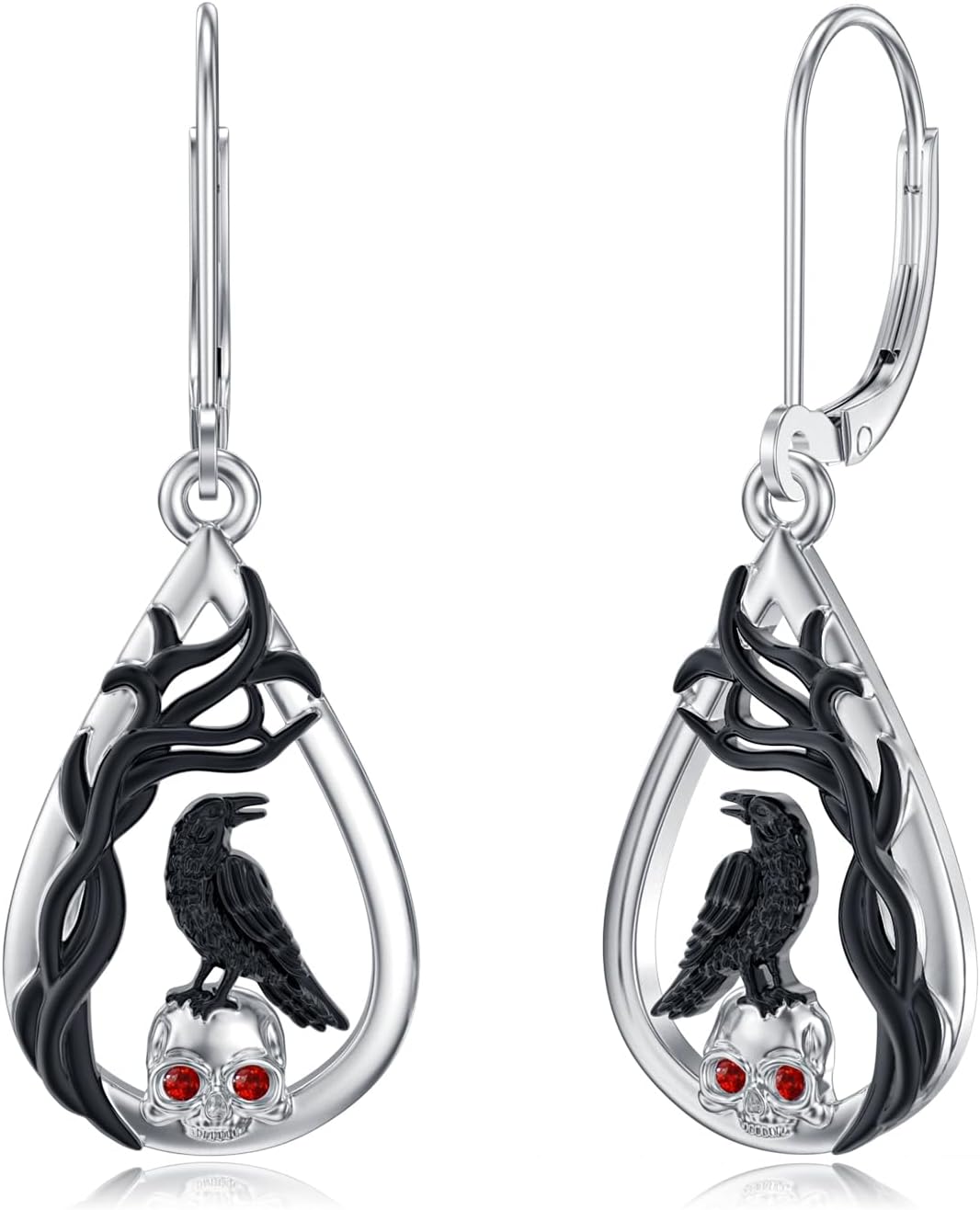 Lypic Crow Skull Earrings 925 Sterling Silver Raven Leverback Earrings Spooky Gothic Halloween Witchy Jewelry for Women Daughter, Created Zircon - PuriLite