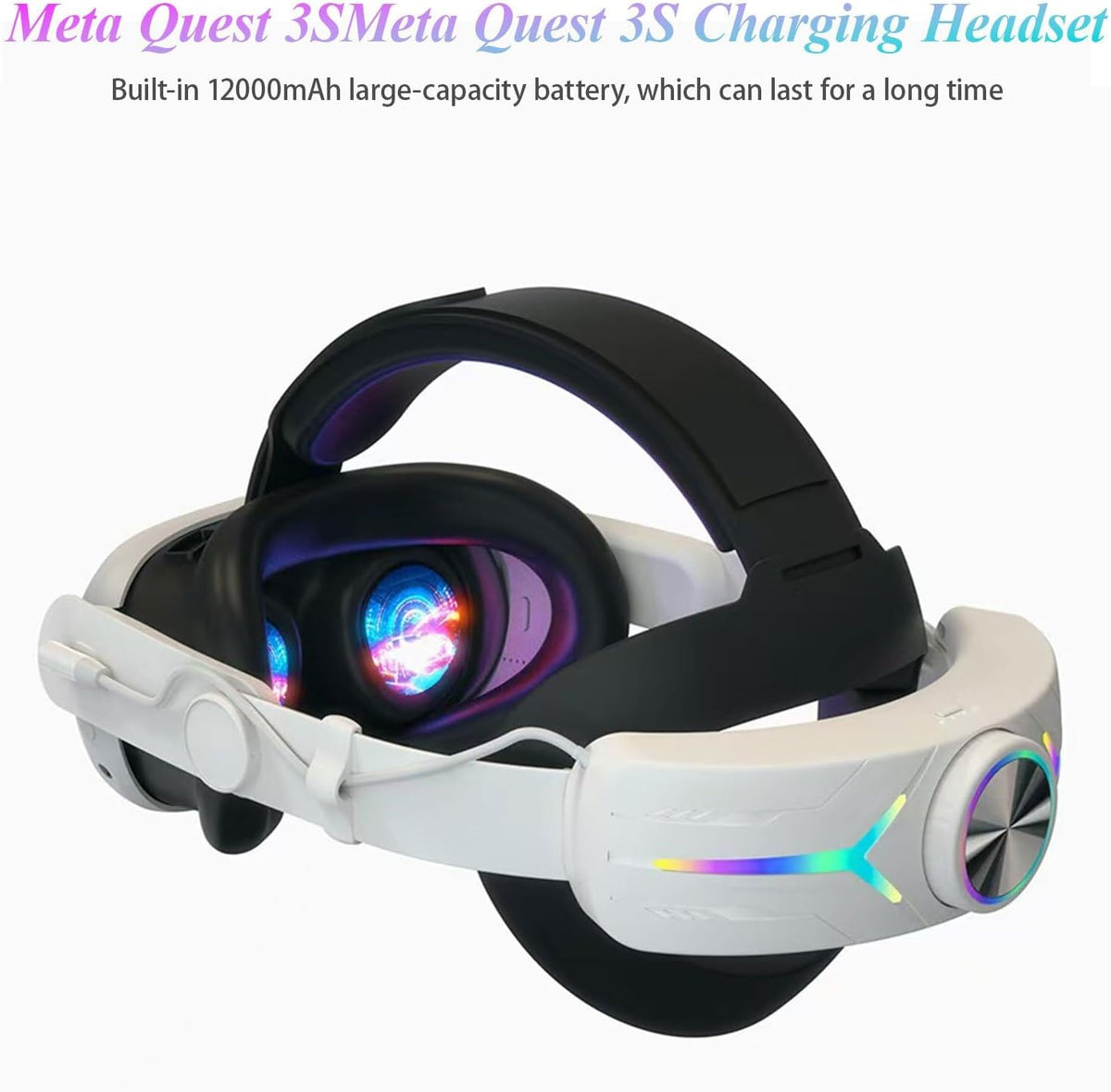 Crspexil Head Strap Battery Pack for Meta Quest 3， with Extended 12000mah Battery Pack，with RGB Light(Compatible with Meta Quest 3S) - PuriLite