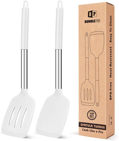 Pack of 2 Silicone Slotted Spatula,Non Stick Solid Kitchen Turner, High Heat Resistant BPA Free Cooking Utensils for Fish, Eggs, Pancakes（Black - PuriLite