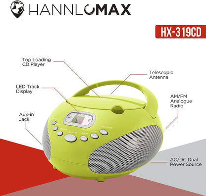 HANNLOMAX HX-319CD Portable CD Boombox, AM/FM Radio, LED Display, Aux-in Jack, AC/DC Dual Power Source. (Green) - PuriLite