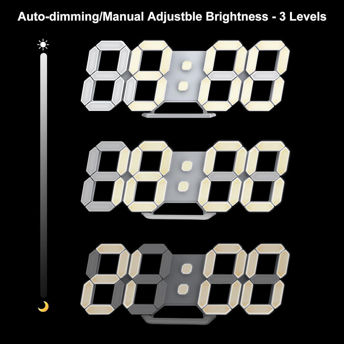 Deeyaple 3D LED Digital Wall Clock Modern Alarm Clock Adjust Brightness 12/24 Time Date Temperature Silent Snooze USB Night Light Remote Control Kitchen Bedroom Living Room Small 9.7 inch White - PuriLite