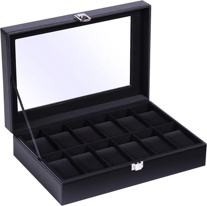 Ohuhu Watch Box Organizer for Men -12 Slot Leather Watch Case with Real Glass Lid Watch Display Case, Watch Organizer Jewelry Storage Box - PuriLite