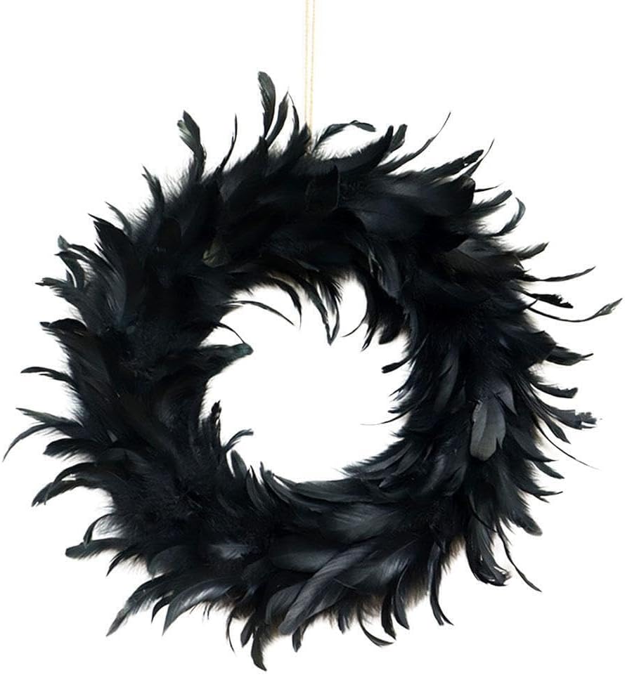 IKEEYUIS Spooky Black Feather Wreath Halloween Cocktail Front Door Hanging Garland Decor - PuriLite