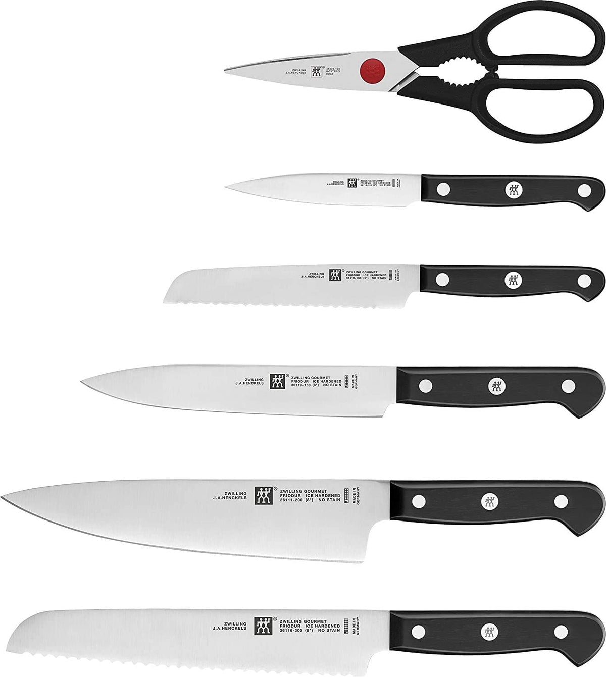 ZWILLING Gourmet 7-Piece Self Sharpening Block Set | Set Contains : 4" Paring | 6" Utility | 5" Tomato/Utility | 8" Bread | 8" Chef | Twin L Multi-Purpose Scissors - PuriLite