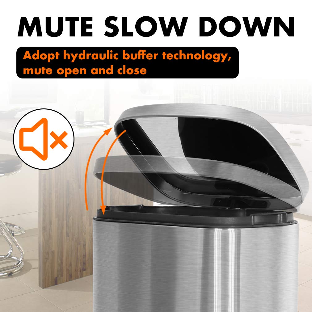 13 Gallon/50 L Garbage Can Kitchen Trash Can with Lid for Office Bedroom Bathroom Step Trash Bin Fingerprint-Proof Brushed Stainless Steel - PuriLite