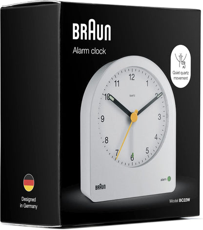 Braun Classic Analogue Alarm Clock with Snooze and Continuous Backlight, Quiet Quartz Movement, Crescendo Beep Alarm in White, Model BC22W. - PuriLite