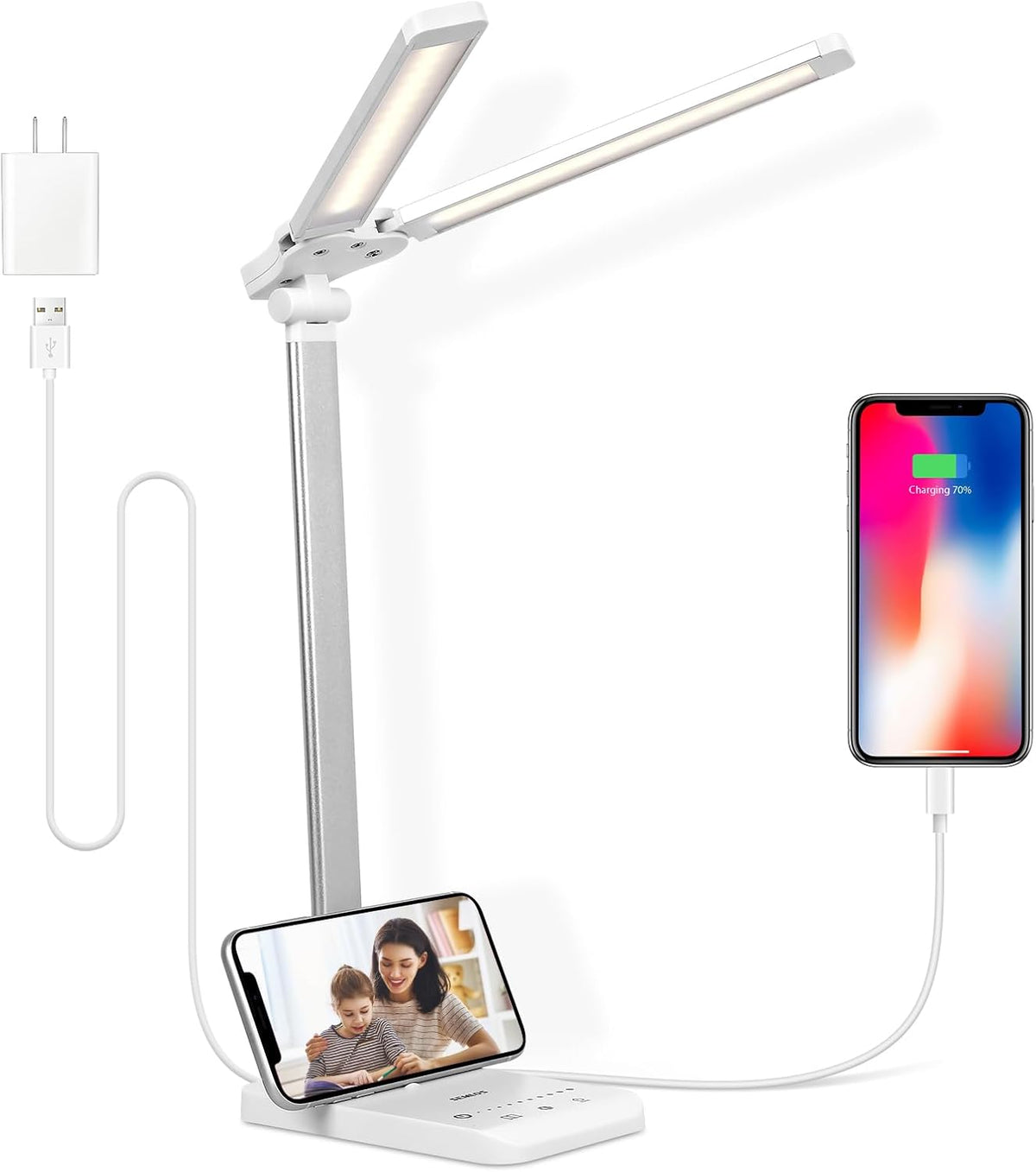 Semlos LED Desk Lamp for Home Office, Eye-Caring Table Light, 25 Lighting Modes, 45 Min Auto Timer, Touch Control, Dimmable, White - PuriLite