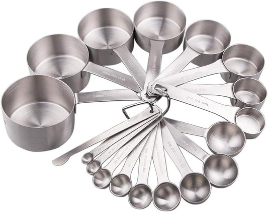 Smithcraft Measuring Cups and Spoons Set 18, Stainless Steel Measuring Cups and Spoons Set, 18/8(304) Steel Heavy Duty 8 Measuring Cups & 9 Measuring Spoons & 1 Stick for Kitchen & Baking Measuring - PuriLite