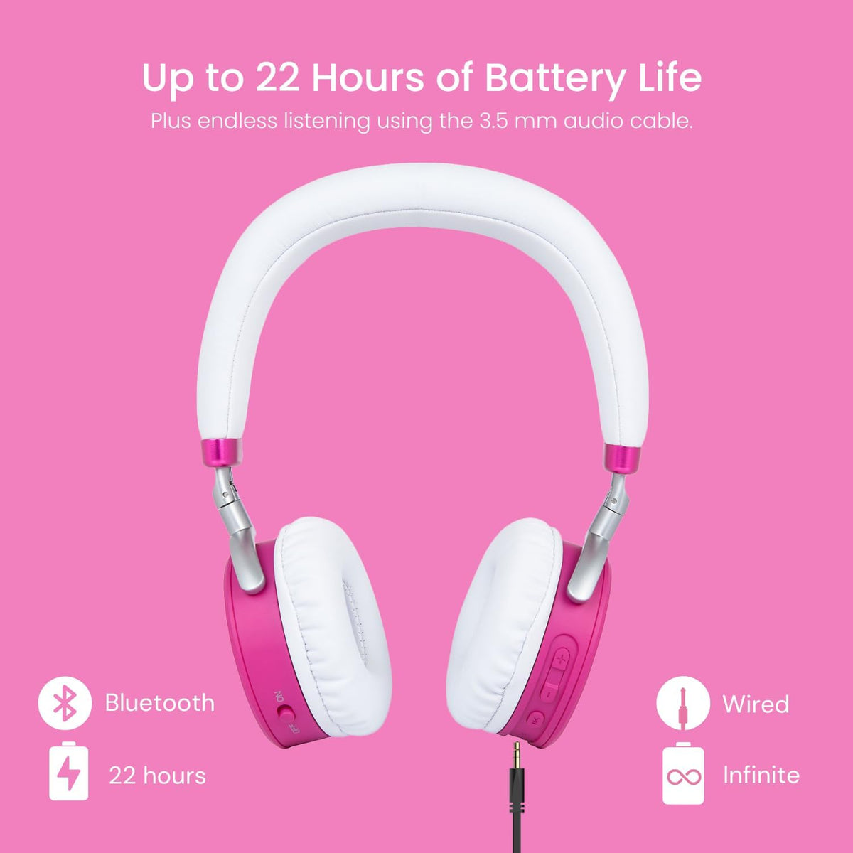 JuniorJam Plus Volume Limiting Headphones for Kids, Foldable & Adjustable Bluetooth Headphones, 22-Hour Battery Life USB-C Charging (Black) - PuriLite