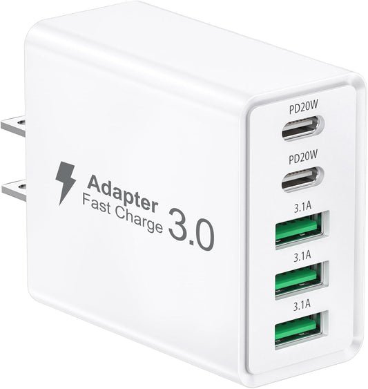 50W USB C Wall Charger, 5-Port Fast Charging Block, USB C Wall Charger Type C Multiport Brick Portable USB C Block for iPhone 16/15/14/13 Pro Max, MacBook Pro/Air, iPad, for Samsung Galaxy - PuriLite