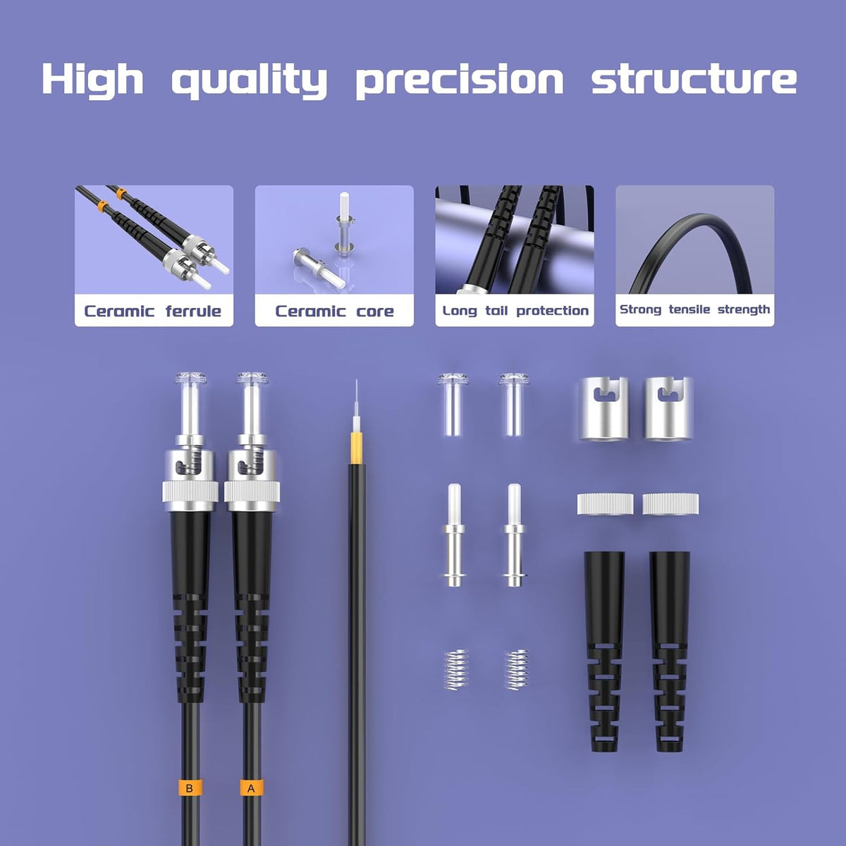 Buacoz 200 Meters LC to LC UPC Outdoor Armored Fiber Patch Cable, 9/125um Single Mode Duplex Fiber Optic Internet Cables, Jumper Optical Patch Cord, (200M/656ft), TPU Black - PuriLite