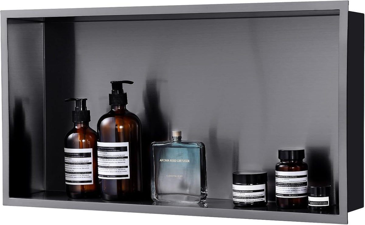 MENATT No Tile Shower Niche, Stainless Steel Wall Niche 13"X19"(Inner Size 12"X18"), Two-Tier Bathroom Shelf, NO Tile Needed Recessed Niche Shower for Bathroom Storage, Black - PuriLite