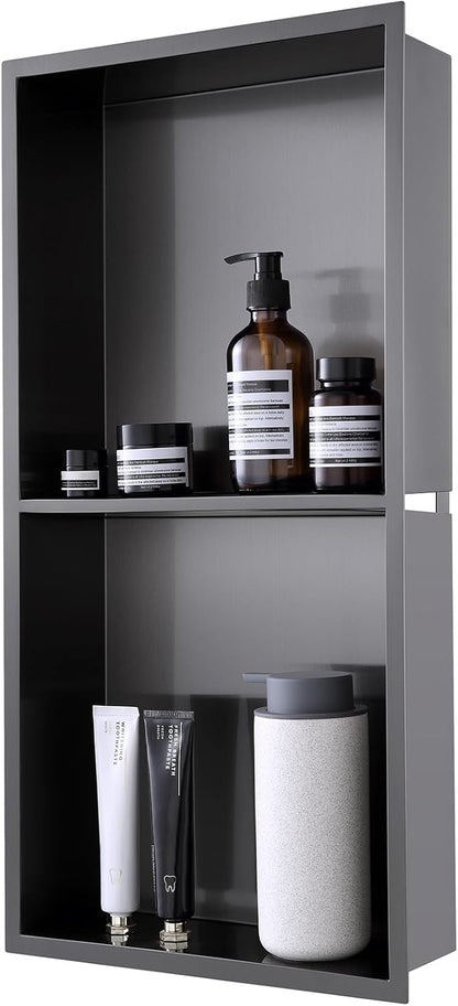 MENATT No Tile Shower Niche, Stainless Steel Wall Niche 13"X19"(Inner Size 12"X18"), Two-Tier Bathroom Shelf, NO Tile Needed Recessed Niche Shower for Bathroom Storage, Black - PuriLite