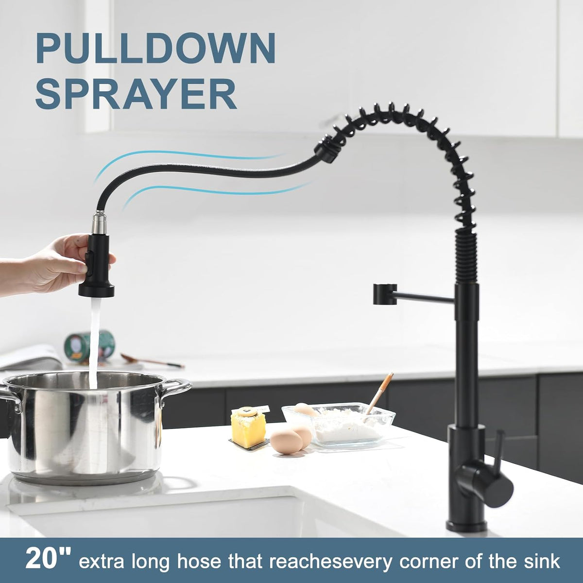 GIMILI Matte Black Kitchen Faucet with LED Light,Single Hole Spring Kitchen Sink Faucet with Pull Down Sprayer - PuriLite