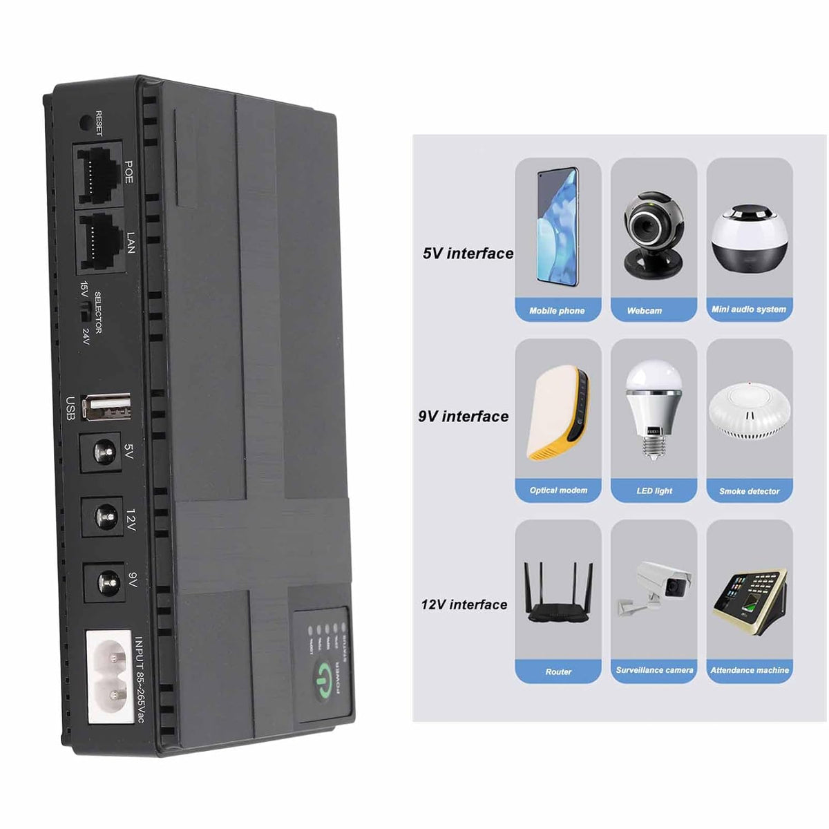 10400mAh Mini UPS Battery Backup, 5V 9V 12V 2A POE Uninterruptible Power Supply, Compact Basic Standby UPS System for Camera Router LED Light Modems Speaker, 85-265V (US Plug) - PuriLite