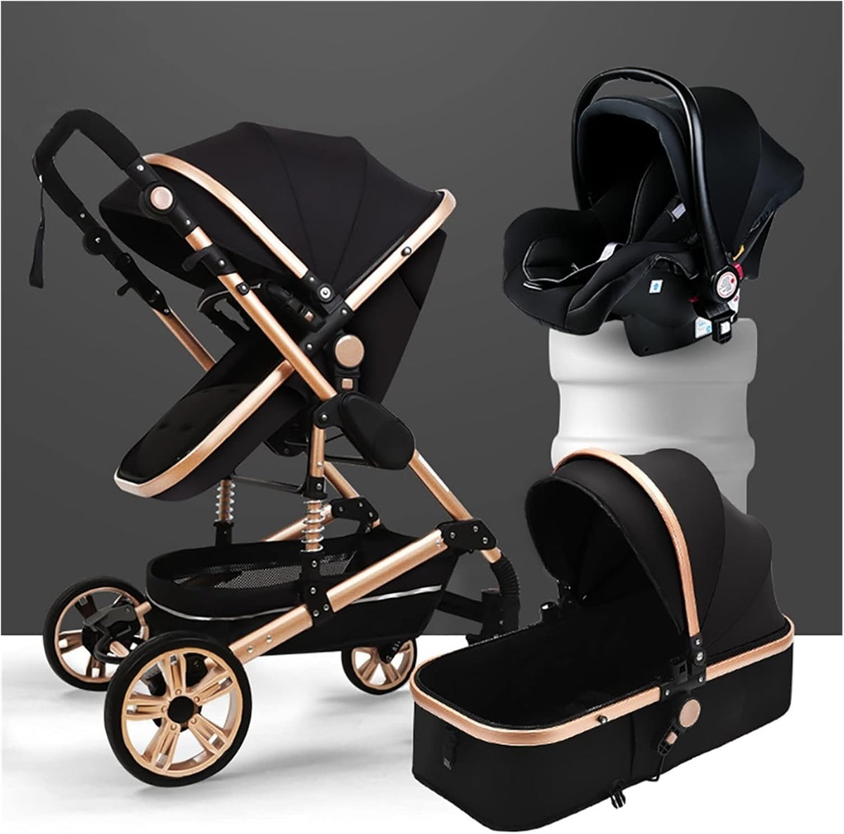 Newborn 3 in 1 Baby Stroller - Lightweight, Foldable Infant Carriage Luxury Pram, Anti-Shock Toddler Pushchair (Black) - PuriLite