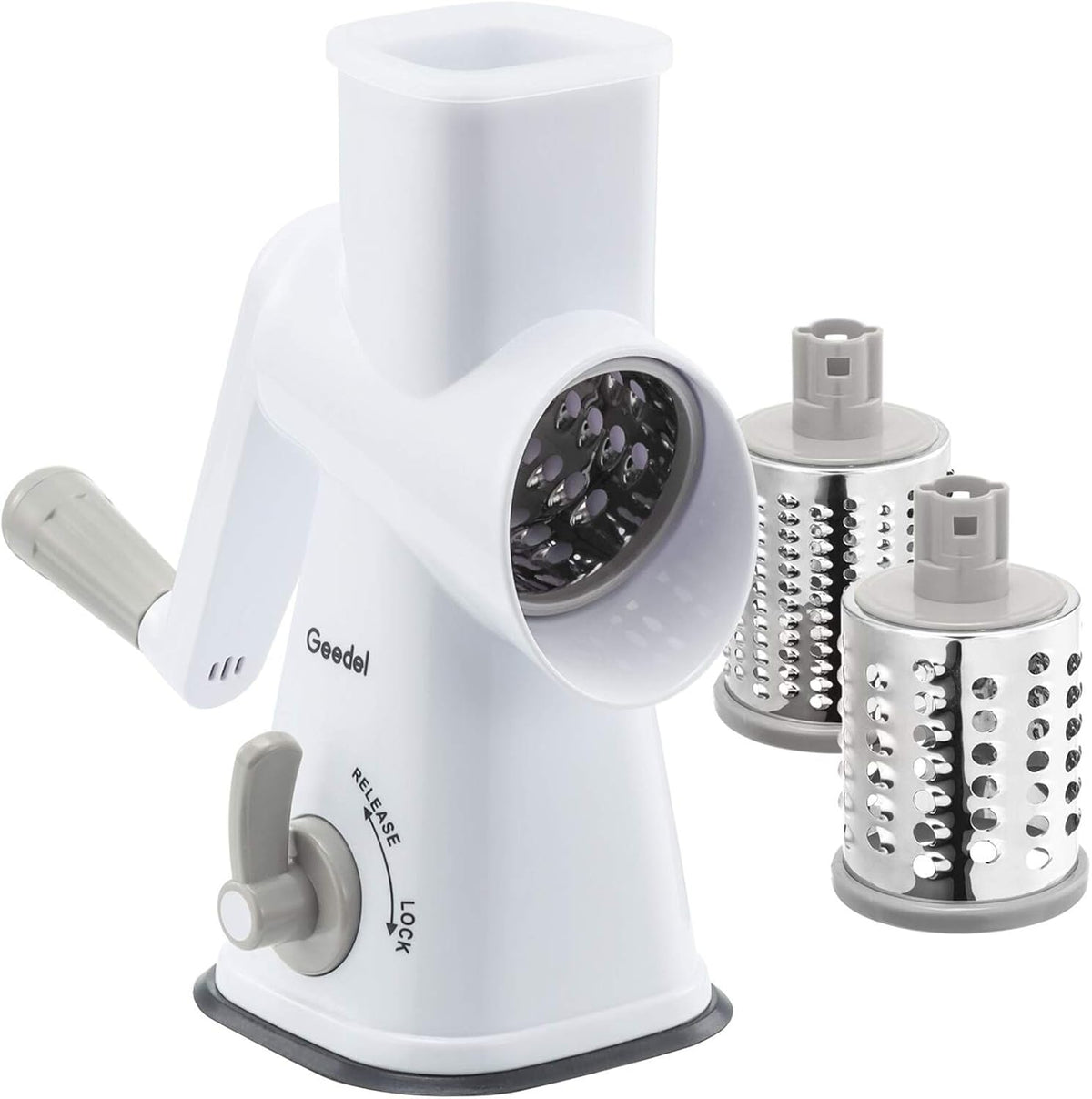 Geedel Kitchen Cheese Grater, Rotary Mandoline Vegetable Slicer with Interchangeable Blades, Easy to Use Rotary Grater Slicer for Fruit, Vegetables, Nuts - PuriLite