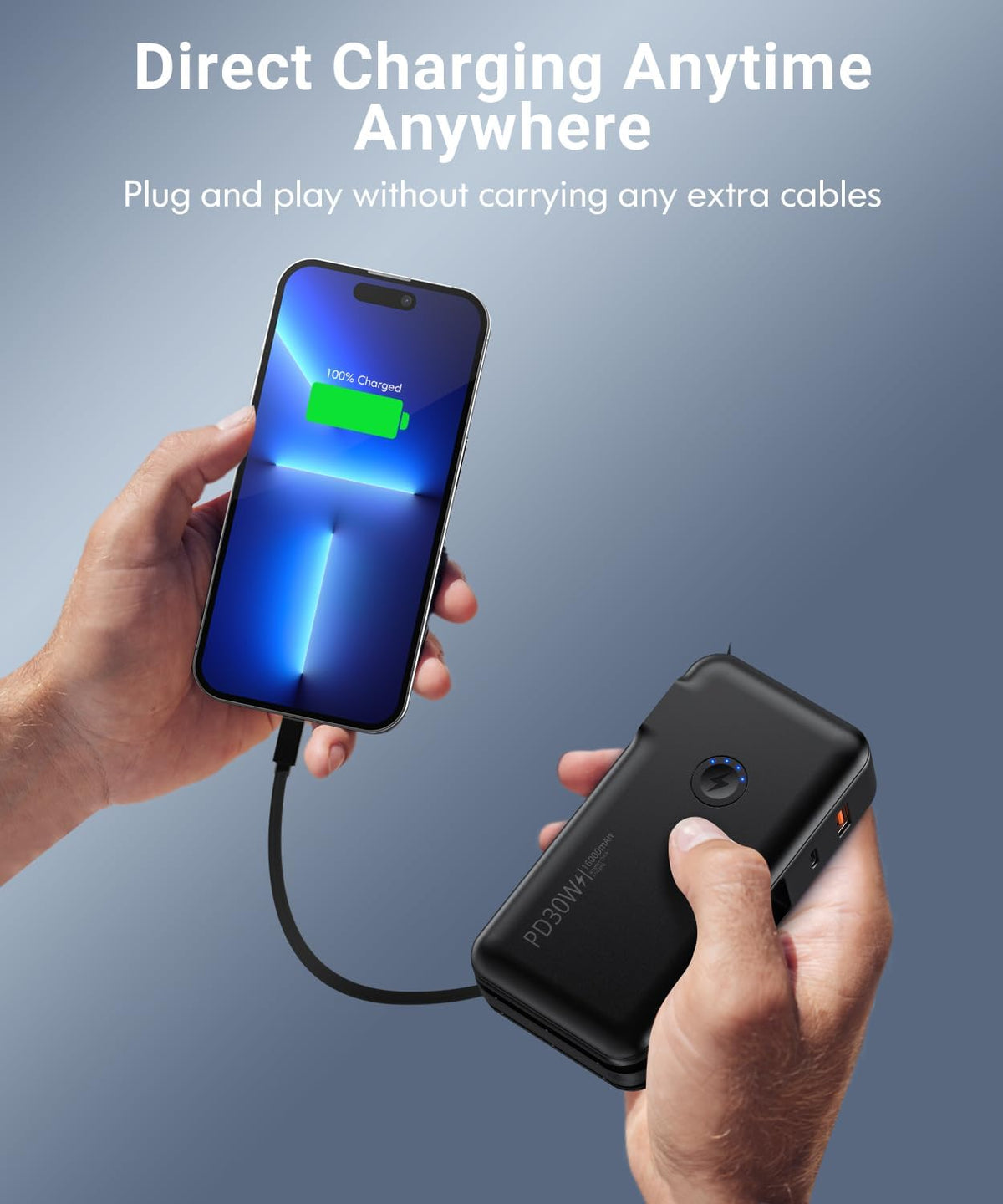 Portable Charger, Power Bank, 16000mAh Power Bank Built-in AC Wall Plug and Cables, PD 30W and QC4.0 Fast Charger for iPhone and Android Phones and Most Electronic Devices (Black) - PuriLite