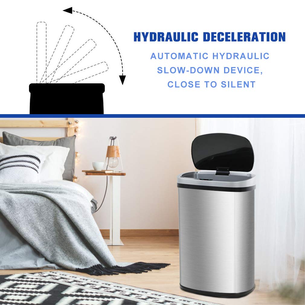13 Gallon 50 Liter Garbage Can Kitchen Trash Can with Lid Automatic Sensor Touch Free Stainless Steel Waste Bin for Bathroom Bedroom Home Office,Black - PuriLite