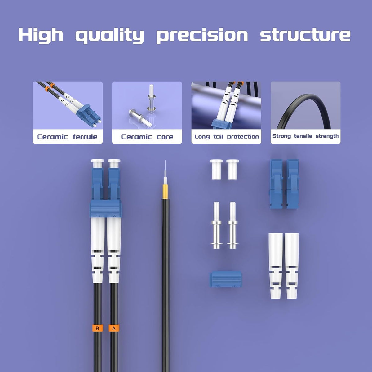 Buacoz 200 Meters LC to LC UPC Outdoor Armored Fiber Patch Cable, 9/125um Single Mode Duplex Fiber Optic Internet Cables, Jumper Optical Patch Cord, (200M/656ft), TPU Black - PuriLite