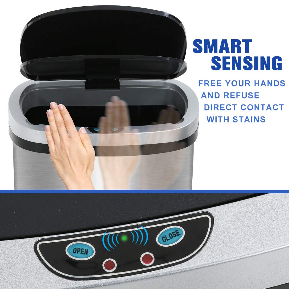 13 Gallon 50 Liter Garbage Can Kitchen Trash Can with Lid Automatic Sensor Touch Free Stainless Steel Waste Bin for Bathroom Bedroom Home Office,Black - PuriLite