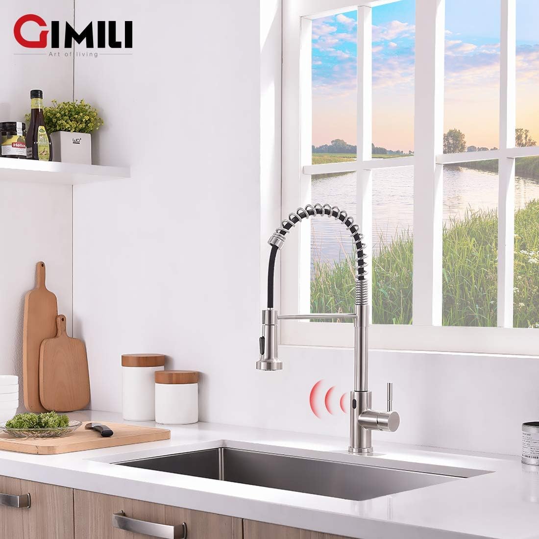 GIMILI Matte Black Kitchen Faucet with LED Light,Single Hole Spring Kitchen Sink Faucet with Pull Down Sprayer - PuriLite
