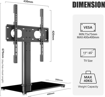Suptek Universal TV Stands, Table Top TV Stand, Pedestal TV Stand for Most 17"-55" Screens, Height Adjustable TV Base Stand with Tempered Glass Base and Wire Management, Hold up to 40kg, VESA 75/400mm - PuriLite
