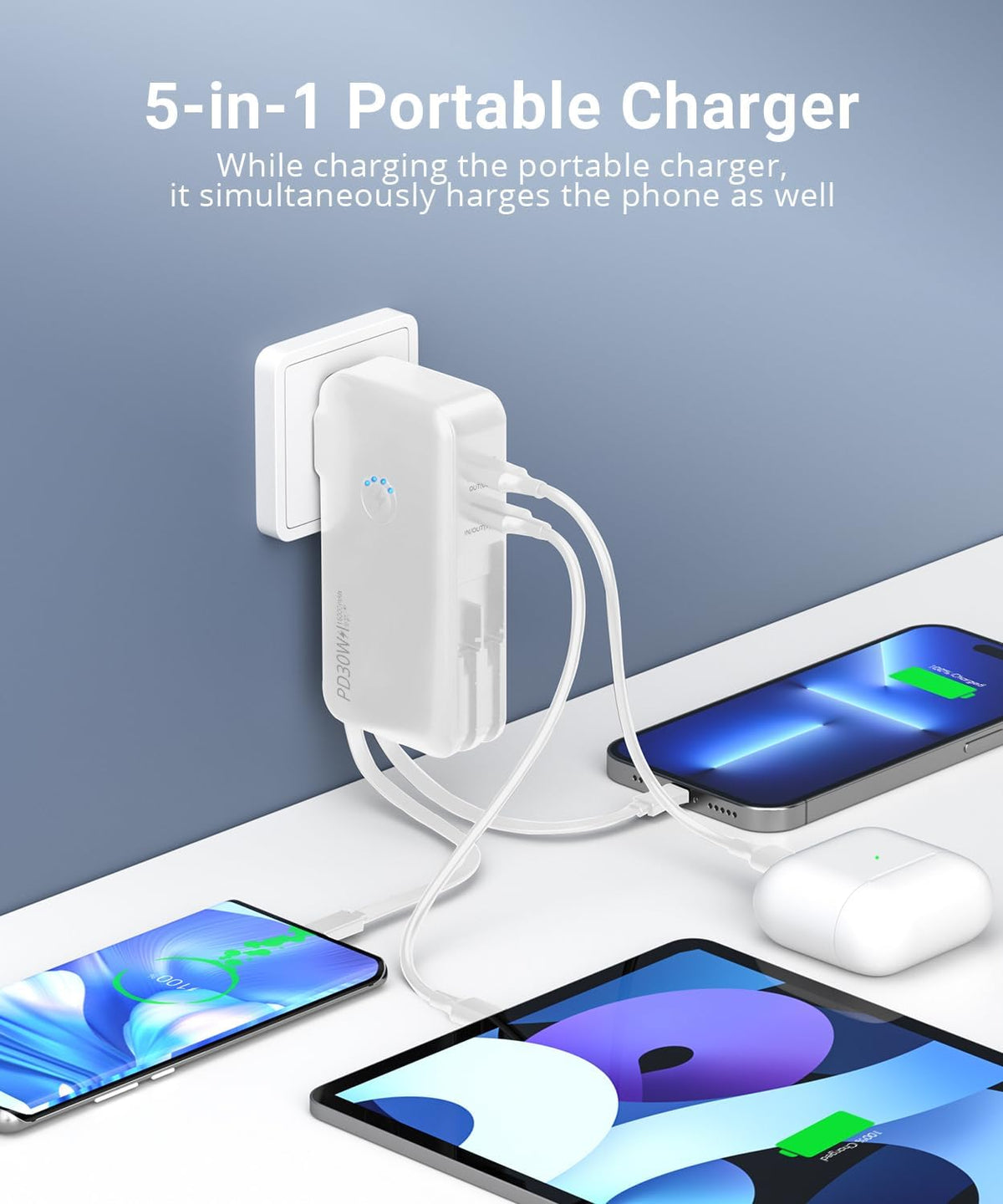 Portable Charger, Power Bank, 16000mAh Power Bank Built-in AC Wall Plug and Cables, PD 30W and QC4.0 Fast Charger for iPhone and Android Phones and Most Electronic Devices (Black) - PuriLite