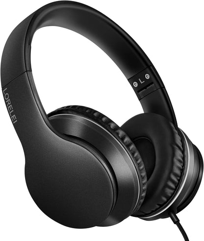 LORELEI X6 Over-Ear Wired Stereo Bass Headphones with Microphone, Lightweight, Foldable & Portable with 1.45M No-Tangle for Smartphone, Tablet, MP3/4, Space Black - PuriLite