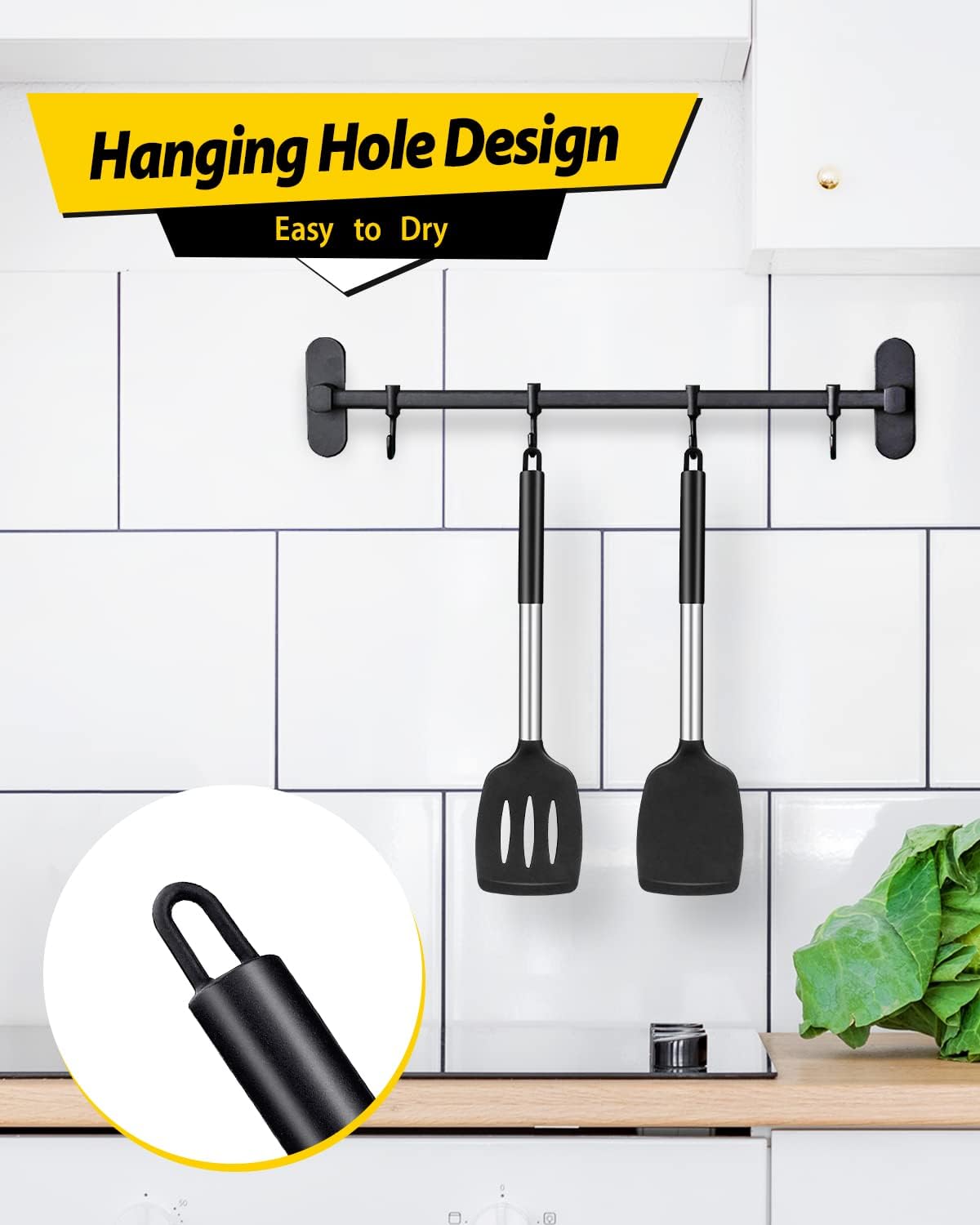 Pack of 2 Silicone Slotted Spatula,Non Stick Solid Kitchen Turner, High Heat Resistant BPA Free Cooking Utensils for Fish, Eggs, Pancakes（Black - PuriLite