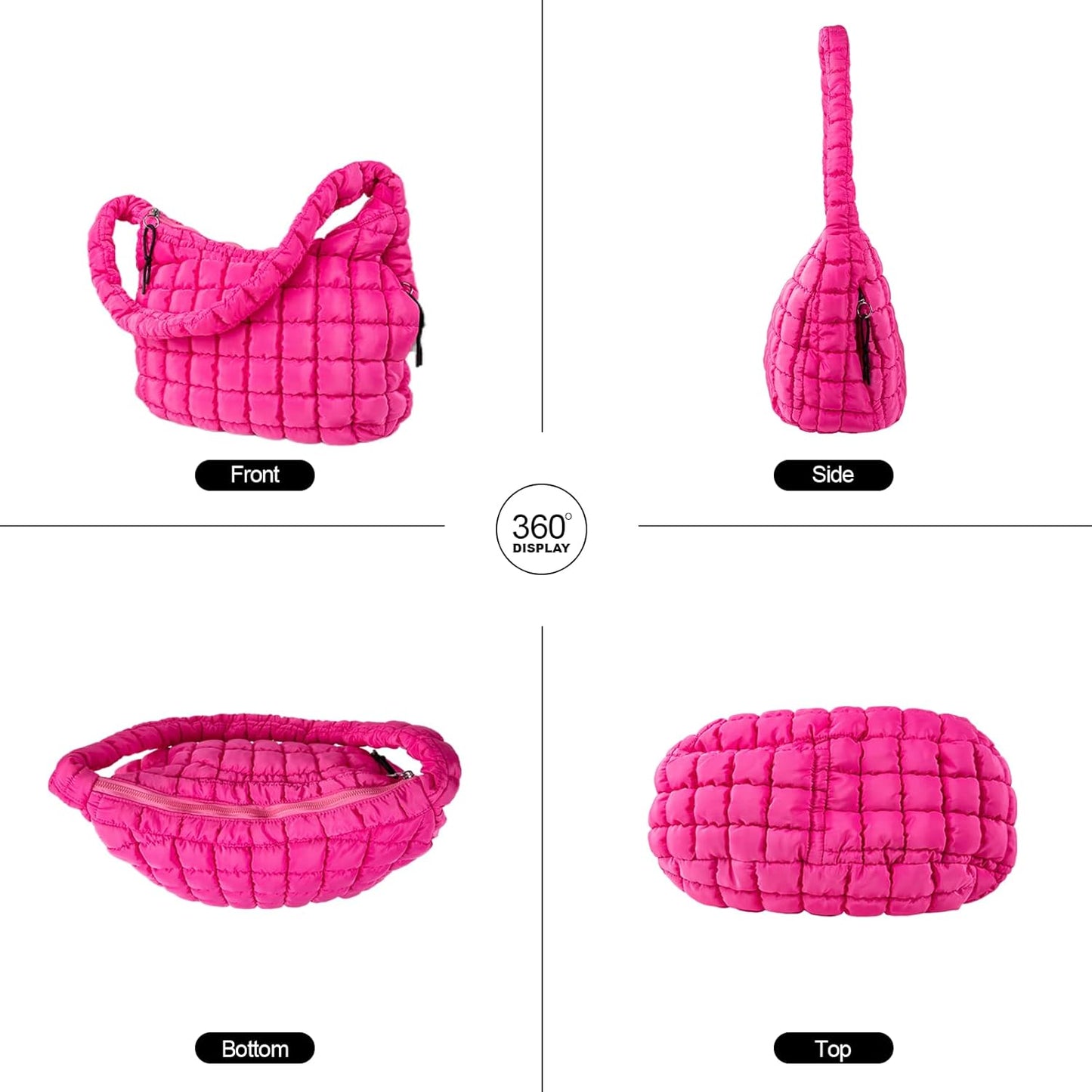 Quilted Puffer Tote Bag Large Crossbody Shoulder Bag with Zipper, Nylon Hobo Oversized Handbag - PuriLite