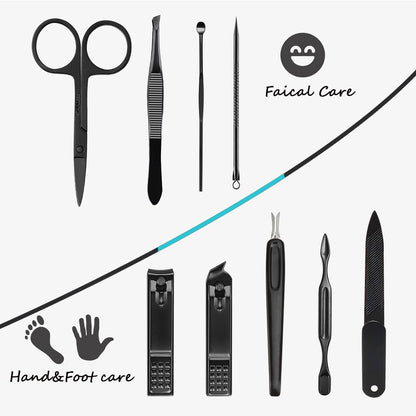 Manicure Set 9 in 1 Stainless Steel, Nail Clippers Scissors Pedicure Tools Kit - Portable Travel Grooming Kit for Men and Women with Black/Red Leather Case (Blue) - PuriLite