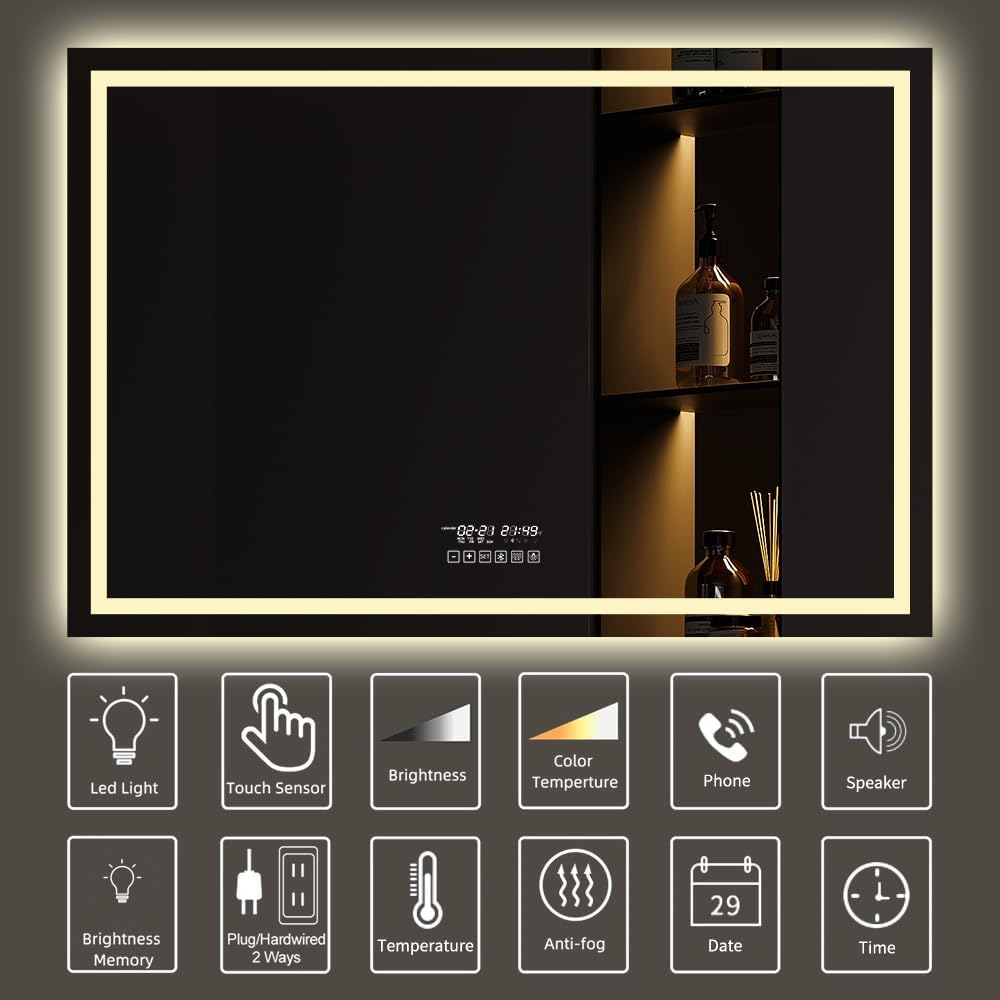 Gesipor 40"x32" Bathroom LED Mirror with Wireless Speaker Wall Switch - Lighted Vanity Mirrors for Bathroom Wall Mounted Backlit, Dimmable Light 3000K/6000K Anti-Fog Makeup Smart Mirror (Horizontal) - PuriLite