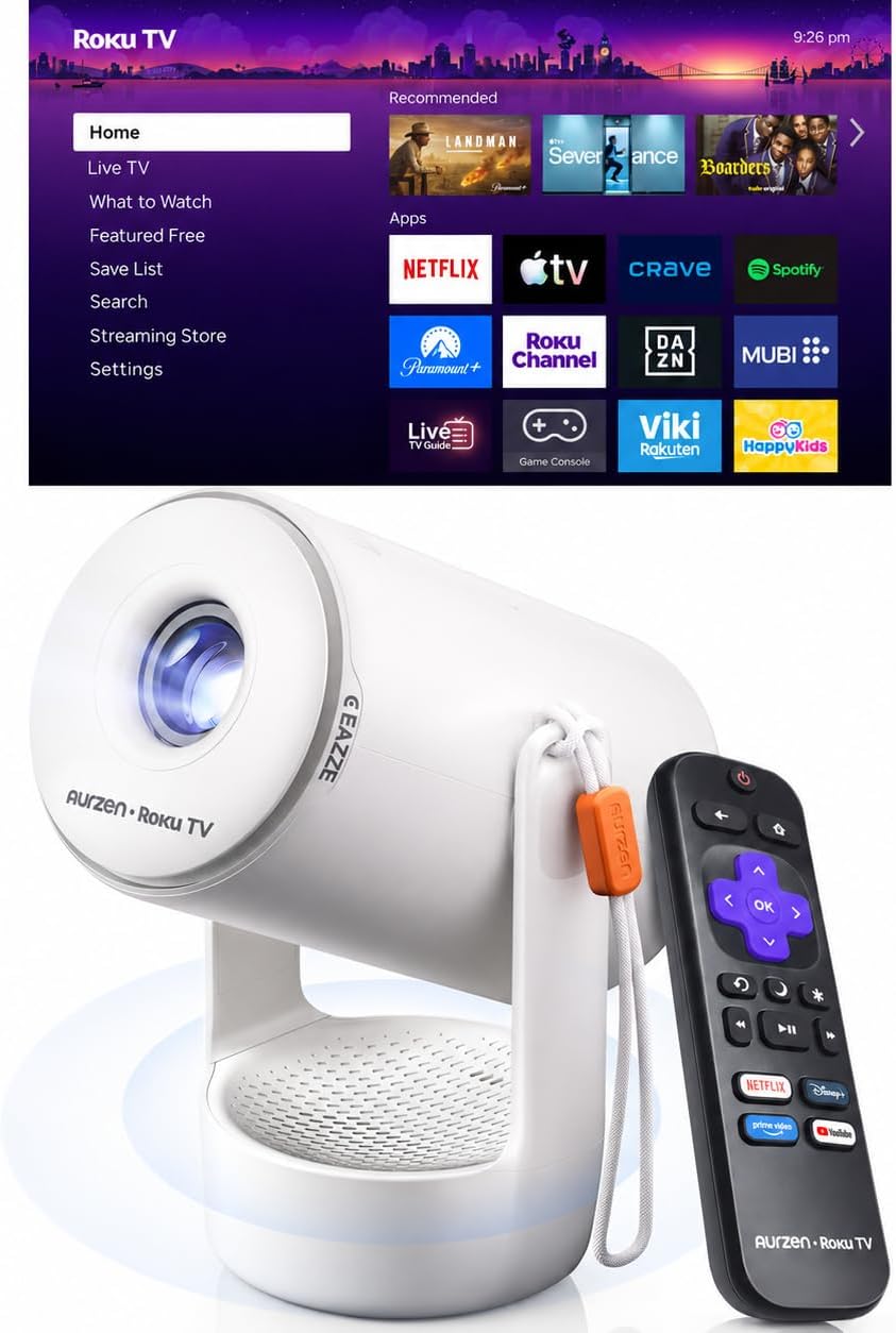 Aurzen Roku TV E1R Smart Portable Mini Projector with Bluetooth and AirPlay Roku TV Built-in, Upgraded Sound Base, 180° Rotation, Auto Vertical Keystone, 20–120″ Image for Home/Bedroom/Outdoor Movies
