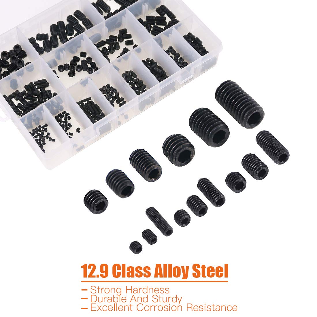 Rustark 450Pcs M3/M4/M5/M6/M8 Allen Head Socket Hex Grub Screw Set Assortment Kit with Internal Hex Drive - 12.9 Class Black Alloy Steel - PuriLite