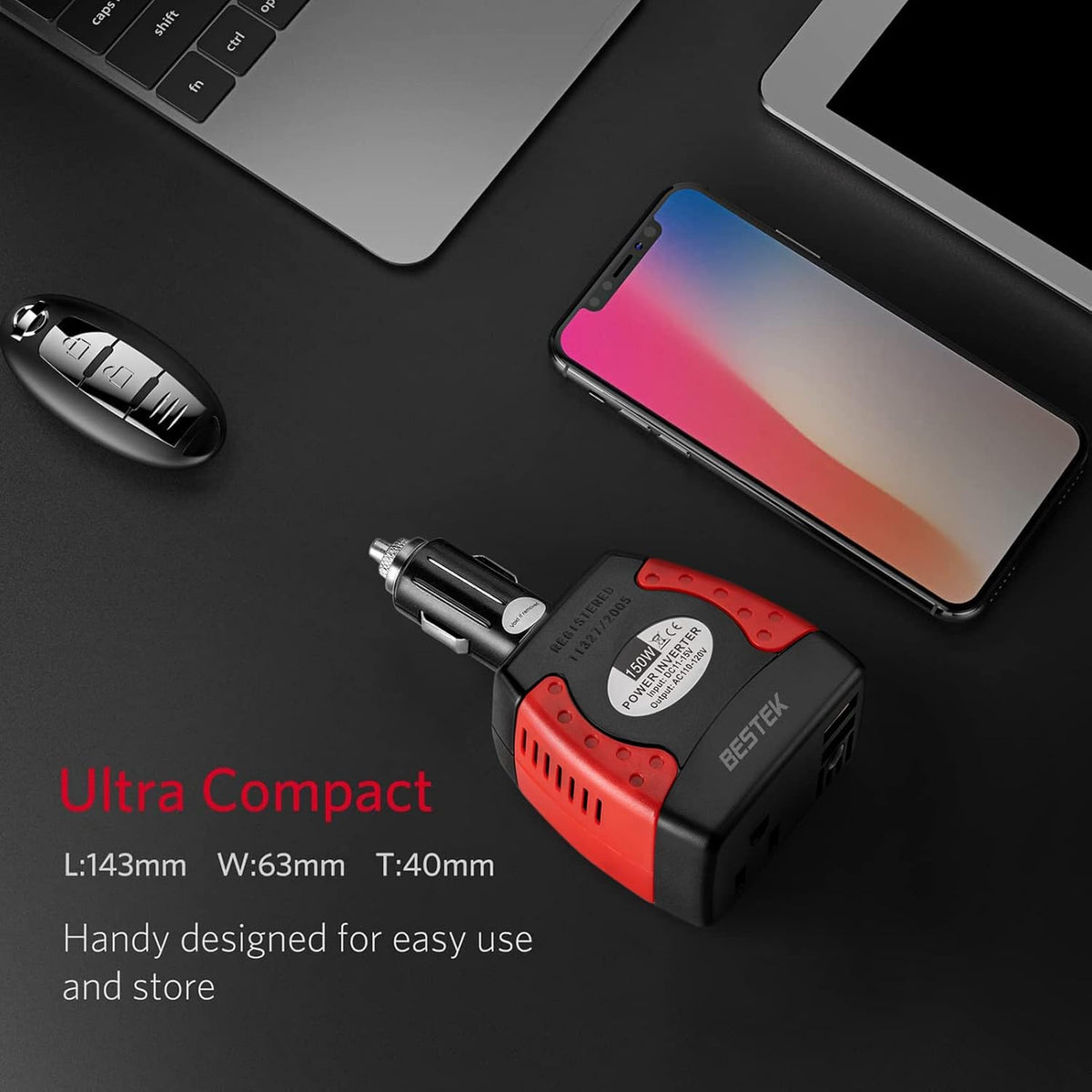 BESTEK 150W Power Inverter 12V to 110V Voltage Converter Car Charger Power Adapter with 3.1A Dual USB Charging Ports - PuriLite