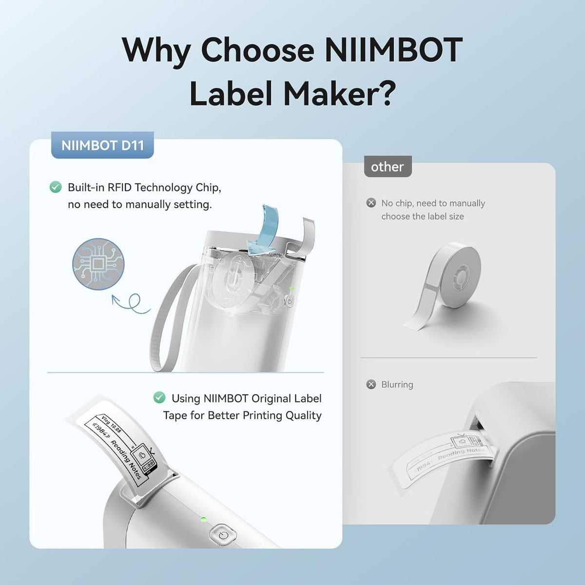 NIIMBOT D110 Mini Label Maker Machine with Tape(Pre-Cut Size 12x40mm), Portable Bluetooth Sticker Printer, Inkless Automatic Feeding One-Touch Custom Printing, Compatible with Phone Only - PuriLite