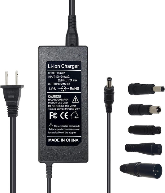 Wanhirus 42V 2A Scooter Charger 5 Plugs Universal for 36V Lithium Battery, Pack DC 5.5 * 2.1 with 8mm 3 Prong Connector /12mm 3 Prong Connector /8mm RCA Connector/ 3-Pin Male XLR Connector - PuriLite