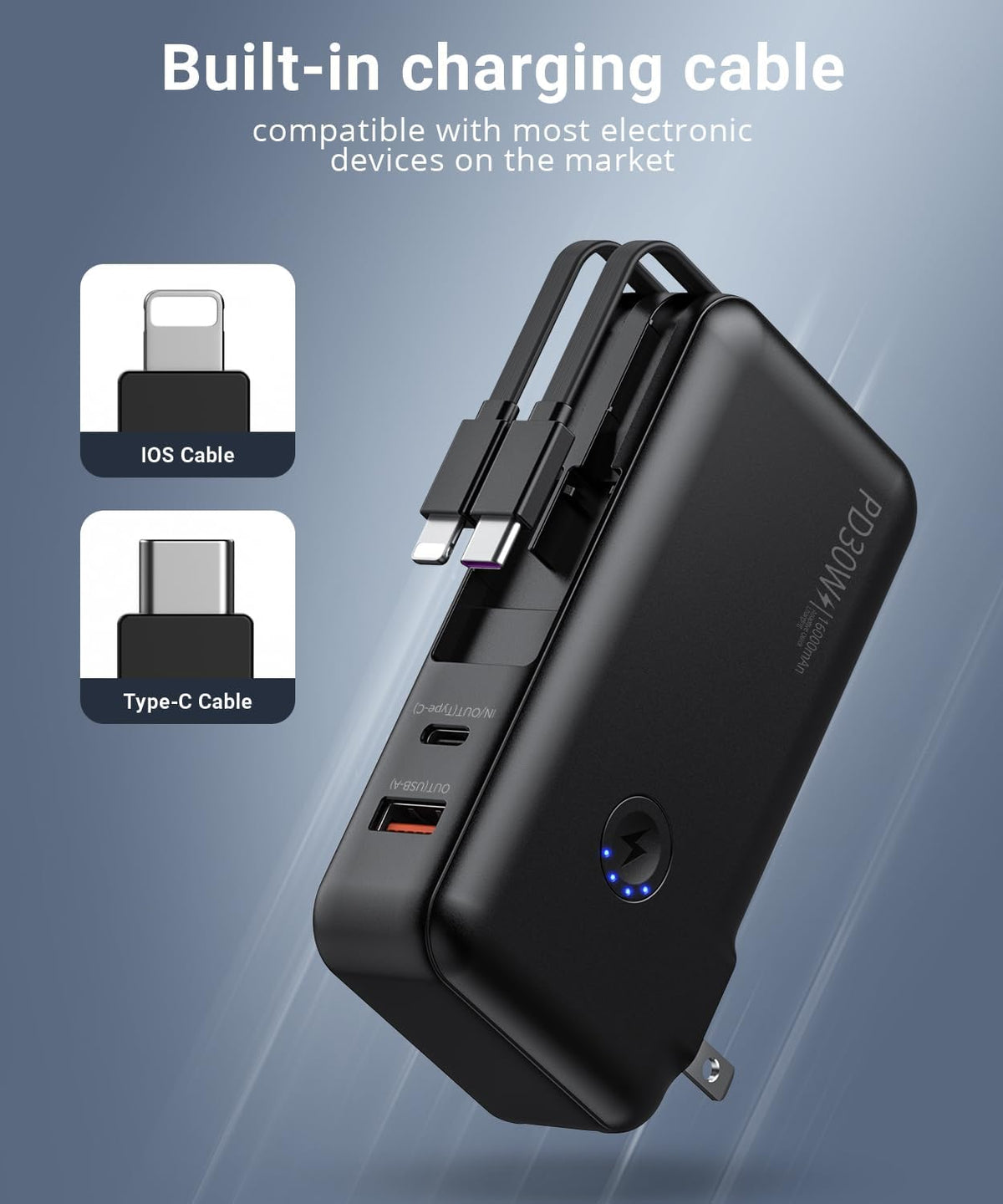 Portable Charger, Power Bank, 16000mAh Power Bank Built-in AC Wall Plug and Cables, PD 30W and QC4.0 Fast Charger for iPhone and Android Phones and Most Electronic Devices (Black) - PuriLite