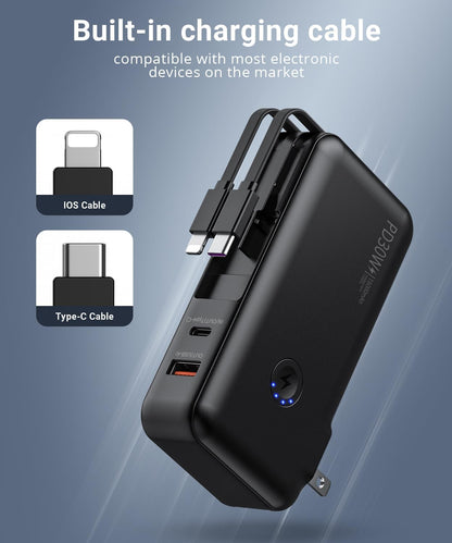 Portable Charger, Power Bank, 16000mAh Power Bank Built-in AC Wall Plug and Cables, PD 30W and QC4.0 Fast Charger for iPhone and Android Phones and Most Electronic Devices (Black) - PuriLite