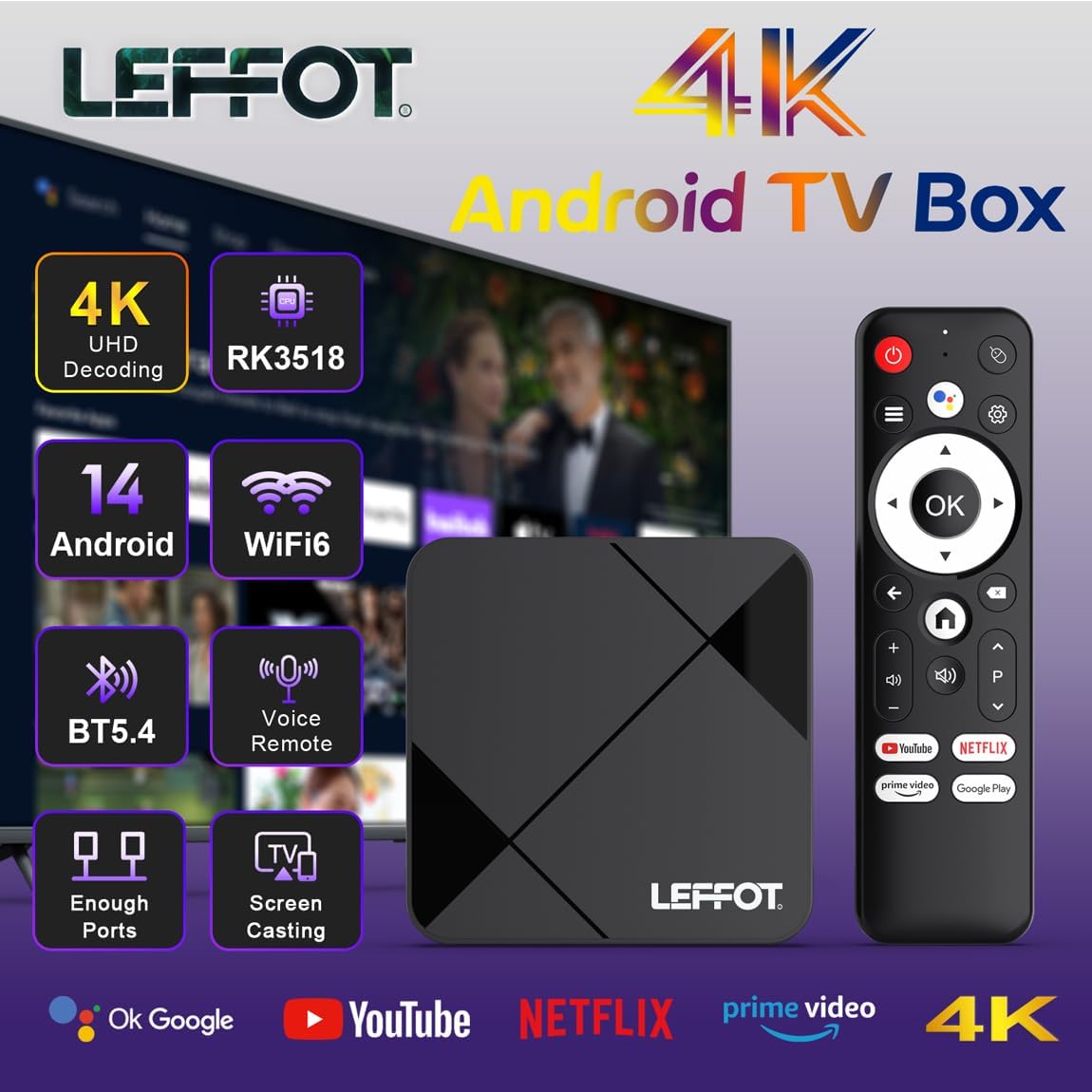 LEFFOT Android TV Box 2025,4K UHD Steaming Devices for TV,2GBRAM + 8GBROM,with HDR10,2.4G&5G WIFI6,BT 5.0,Smat TV Box RK3518 - PuriLite