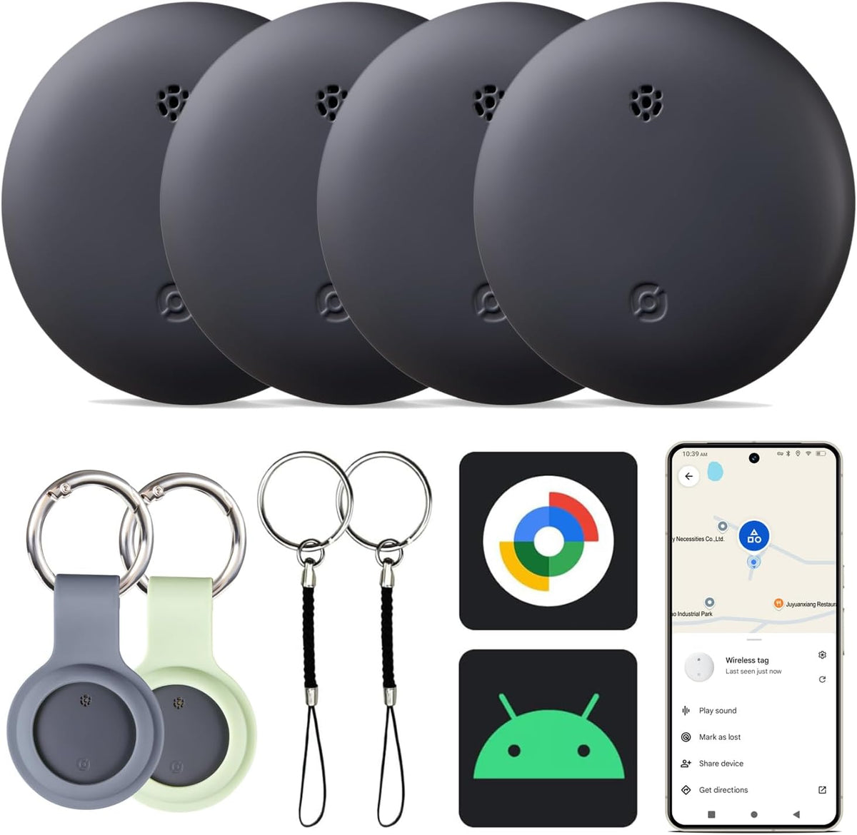 Reyke GPS Tracker Android, Air Smart Tag Compatible with Google Find My (Android Only), Key Finder for Keys, Luggage, Suitcase, Wallet, IP66 Waterproof, 4 Pack - PuriLite