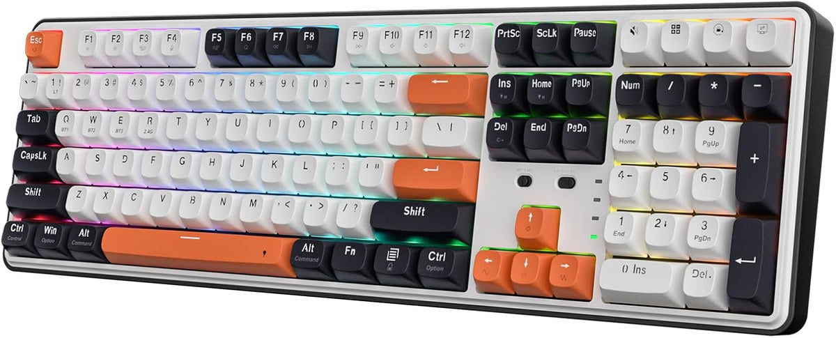 Wireless RGB Mechanical Gaming Keyboard with Gasket Mount, Hot-Swappable Custom Linear Switches, 104 Keys + 4 Hotkeys, Noise Dampened, Ergonomic Design, USB-C/Bluetooth/2.4G Wireless – Black Tangerine - PuriLite
