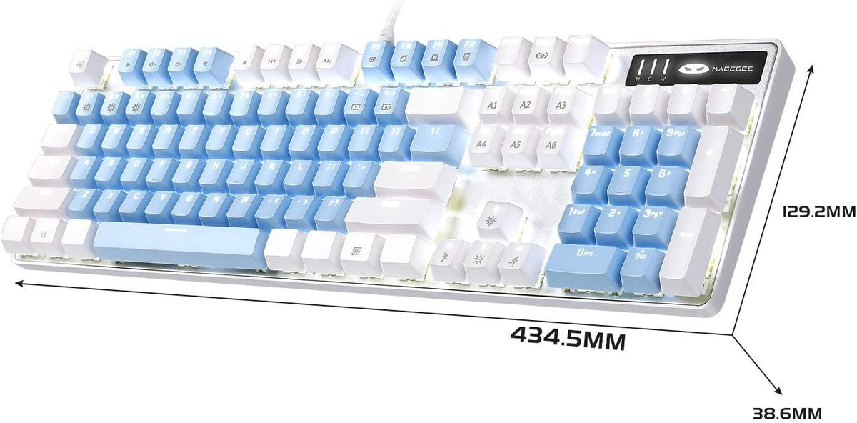 Mechanical Gaming Keyboard, 104 Keys White Backlit Mechanical Keyboards with Red Switches & Double-Shot Keycaps, MageGee Wired Ergonomic Computer Keyboard for Desktop, PC Gamers (White & Blue) - PuriLite