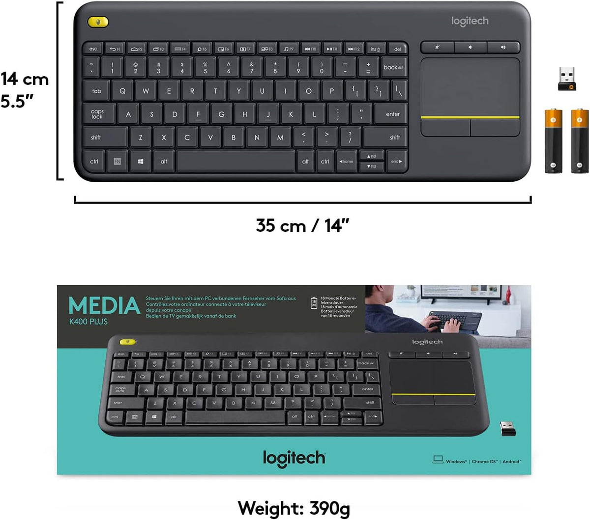 Logitech K400 Plus Wireless Touch TV Keyboard With Easy Media Control and Built-in Touchpad, HTPC Keyboard for PC-connected TV, Windows, Android, Chrome OS, Laptop, Tablet - Black - PuriLite